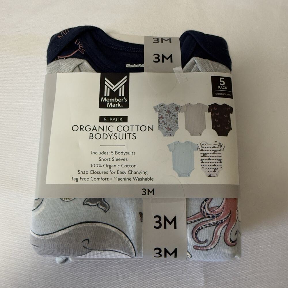 Member's Mark Baby 5-Pack Soft Organic Cotton Bodysuit 3 Months Blue Ocean